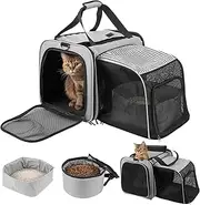 INRLKIT Portable Cat Travel Carrier - Soft-Sided Cat Carrier with Litter Box, Expandable Cat Carrier for Cats Up to 20 lb to Camping, Hiking Long Distance Road Trip Travel (Grey)