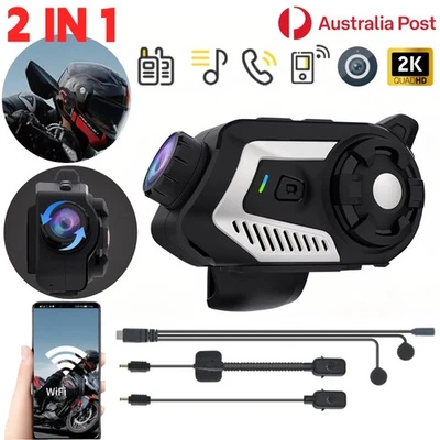 2IN1 Motorcycle Dash Cam Camera Motorbike Intercom Bluetooth Headset Mic APP 2K