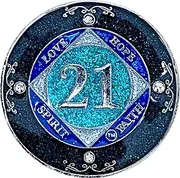 Simply Minimal (Years 1-50) NA 21 Year Crystals and Glitter Medallion, Silver Color Plated Coin, Black Rainbow, Blue Glitter and Four Clear Crystals, Epoxy Covered (NA 21 Years Clean Time), Small