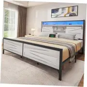 Farmhouse Bed Frame with Storage Bookcase Headboard, Platform Bed Frame King