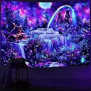 Wonrizon Blacklight Fantasy Forest Tapestry, Waterfall Rainbow Misty Jungle Plants Tapestries UV Reactive Wall Hanging Glow in the Dark Nature Landscape decor for Bedroom Living Room (Waterfall