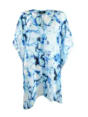DKNY Women's Printed Chiffon Caftan Swim Top Cover-Up (S/M, Quartz)