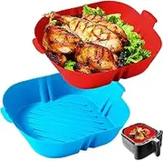 2Pcs H HOME-MART Silicone Air Fryer Liners, Reusable Square Baking Tray, Food Safe Accessories, Replacement for Parchment Paper (Blue+Red)