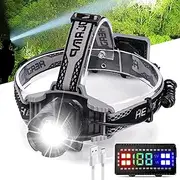 Rechargeable LED Headlamp, 100000 Lumens Super Bright Headlamps with 4 Modes, Zoomable, Digital Power Display, IPX6 Waterproof Headlamp with Warn Red Light for Hiking, Camping, Hunting, Adventures