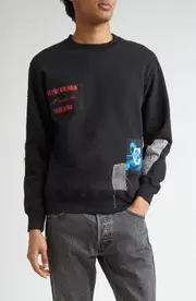 Undercover Distressed Patchwork Cotton French Terry Sweatshirt in Black at Nordstrom, Size 2