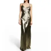Aidan Mattox V-Neck Foiled Bias Gown Gold Size 8 NWT