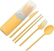 Travel Utensils Wheat Straw Portable Reusable Spoon Fork Spoon Portable Cutlery Sets with Case Tableware Set(Yellow)