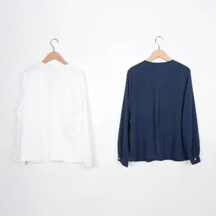 【MASTINA】蕾絲拼接開襟長袖襯衫(深藍 白)