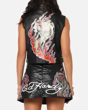 [ED HARDY] Ed Hardy Women's Vegan Leather Biker Vest Black - Size M M Black