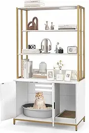 Costway Cat Litter Box Enclosure with Storage, 154 cm Large 2-in-1 Hidden Cat Washroom Furniture with 3-Tier Shelves, Scratching Pad, Side Entrance, Jumping Hole (White + Gold)