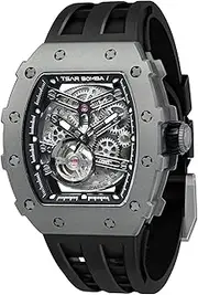 [TSAR BOMBA] Watch for Men, 50M Waterproof Mens Watches, Skeleton Mechanical Fashion Big Face Dial Black Watch with Silicone Watch Bands, Gifts for Men