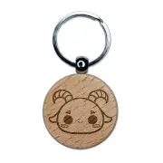 Charming Kawaii Chibi Goat Face Blushing Cheeks Engraved Wood Round Keychain