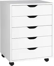 Giantex 5-Drawer Mobile File Cabinet, Side Cabinet File Pedestal w/ 4 Castors, Wood Under Desk Drawer, Storage Cabinet Organiser, Compact Chest of Drawers Dresser (White)