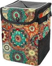 Car Trash Can with Lid and Storage Pockets Leak-Proof Organizer,Multipurpose Trash Bin for Car,Floral Vintage Mandala Flower