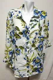 Joie 1X Women's Linen Top Shirt Blouse White Blue Floral Button Up New NWT