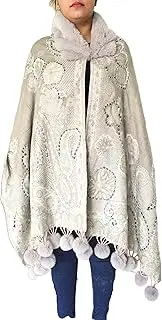 [Generic] Casual Paisley Print Wool Poncho with Faux Fur Trim, Pearl White, Pom Pom Detail Women Pullover, Pearl White, One Size, Pearl White, One Size