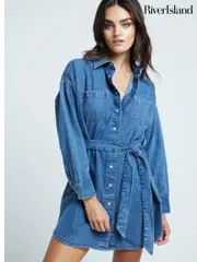 River Island Blue Mini Belted Denim 100% Cotton Shirt Dress (AC5968) | $52