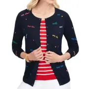 Talbots Charming Embroidered French Oui Voila Blue Cardigan Sweater Petite Small
