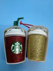 2 Starbucks Glitter Red & Gold Ceramic Christmas Ornaments To Go Cups Coffee