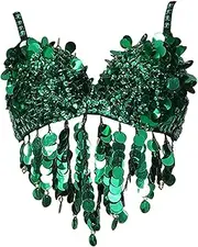 [Wzmzjy] Sequin Crop Top for Women Luxury Tank Top for Show Nightclub, Green, 36 Yards