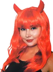 Wavy Red Devil Womens Costume Wig with Horns