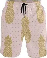 [GuoChe] Mens Swim Trunks Gold Summer Pineapples Polka Pink Quick Dry Beachwear Holiday Beach Short Casual Board Shorts