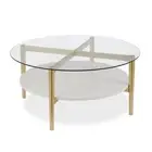 36 Clear And Gold Glass And Steel Round Coffee Table With Shelf
