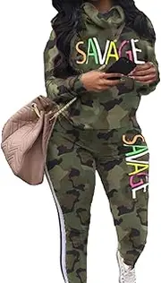 [Sexyshine] Women's Casual 2 Piece Camouflage Letter Print Outfits Pullover Sweatshirt Tops Long Pants Tracksuits Set Plus Size