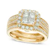 1.5 CT. T.W. Quad Princess-Cut Natural Diamond Frame Bridal Engagement Ring Set in Solid 14K Gold