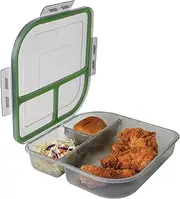 [MyGo Container] Large To-Go 3-Compartment Food Container, 9-3/8" X 9-3/8" X 2-1/2", Reusable, Microwave Safe, NSF Certified, Smoke/Green