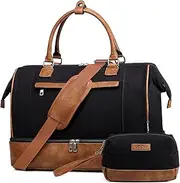 Travel Duffle Bag for Women with Shoes Compartment, Vaschy Canvas Tolietry Bag Set Under Seat Carry On Weekender Overnight Shoulder Tote Bag with Trolley Sleeve for Gym, School Black&Brown Leather