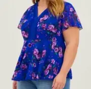 Torrid Blue Floral Clip Dot Peplum Top Flutter Sleeve Size Large New