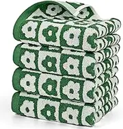 Jacquotha Hand Towels Checkered Floral - Set of 4 Soft Face for Bathroom, Large Size 13” x 29”, Dark Olive Green Dark Green