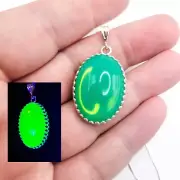 Sterling Uranium Glass Necklace Green Opal "Mermaid Stone" Large Oval Pendant