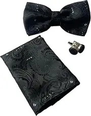 [Zasel] Mens Black Paisley Tinsel Matching Bow Tie, Pocket Square & Cuff Links Set Black, Silver
