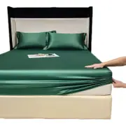 Catzon Soft Luxury Silky Satin Bed Sheets Pillowcase 3 Piece Set Bedding-DarkGreen