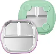 2Pack Stainless Steel Kids Plates, Stainless Steel Baby Suction Plate, Divided Toddler Baby Plates, Divided Plate with Removable Silicone Sleeve for Home or on The Go.