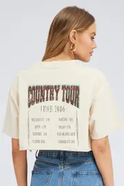 Beige Graphic Tee Short Sleeve Crop Crew Neck - Size XXS, Women's Graphic Tee