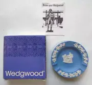Wedgwood Blue Jasper Round Ash Tray White Raised Design in Box + Folder 4.5"