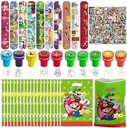 CVCXFParty 110 Pcs Mario Party Favors, Super Mario Birthday Party Supplies Included Slap Bracelets, Candy Bags, Superbro Stickers, Mario Stamps for Goodie Bag Stuffers
