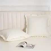 100% Washed Cotton Euro Shams with Ruffle, 2 Pack 26" x 26" Cotton Euro Sham Pillow Covers, No Insert, Ultra Soft Decorative Farmhouse Pillow Covers for Bed Sofa, Cream