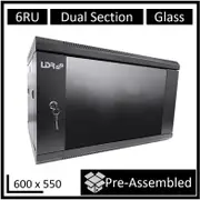 LDR Assembled 6U Hinged Wall Mount Cabinet (600mm x 550mm) Glass Door - Black Metal Construction - Top Fan Vents - Side Access Panels