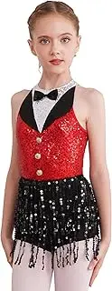 [Jhaoyu] Kids Girls Jazz Latin Dance Dress Sleeveless Sequin Tassel Boyshorts Dress Samba Rumba Dancewear