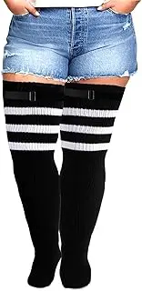 [XEPST] Plus Size Thigh High Socks Womens Over the Knee Socks Leg Warmer Boot Socks Thigh Highs Widened Extra Long Striped Thick Knit Socks for Women, Black+white