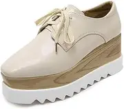 [IKOFLYE] Women's Patent Leather Lace Up Sneakers Chunky High Heel Classic Platform Oxfords Dress Platform Wedge Shoes Nude