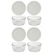 Pyrex (4) 7201 4-Cup Glass Bowls and (4) 7201-PC Sleek Silver Lids - Made in USA