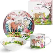 MIAMIO – Set of 3 Kids Dinnerware Set/Porcelain Children Dishes, Kids Dish Set, Children’s Tableware Set - Includes Plate, Bowl and Cup – for Kids and Toddler (Princess)