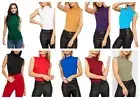 Ladies Women Sleeveless Plain Polo Turtle Neck Stretch Vest Bodycon T-Shirt Top