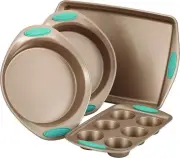 Rachael Ray 4-Piece Bakeware Set, Latte Brown with Agave Blue Handles
