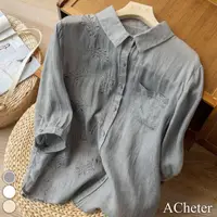 在飛比找momo購物網優惠-【ACheter】文藝復古寬鬆休閒刺繡七分袖棉麻襯衫短版百搭